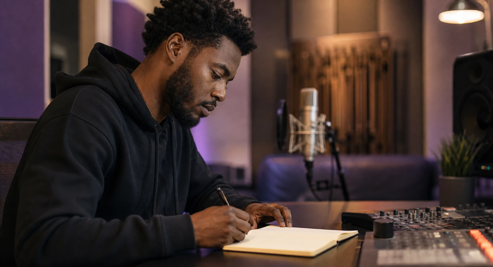 Independent musician writing an artist bio in a recording studio