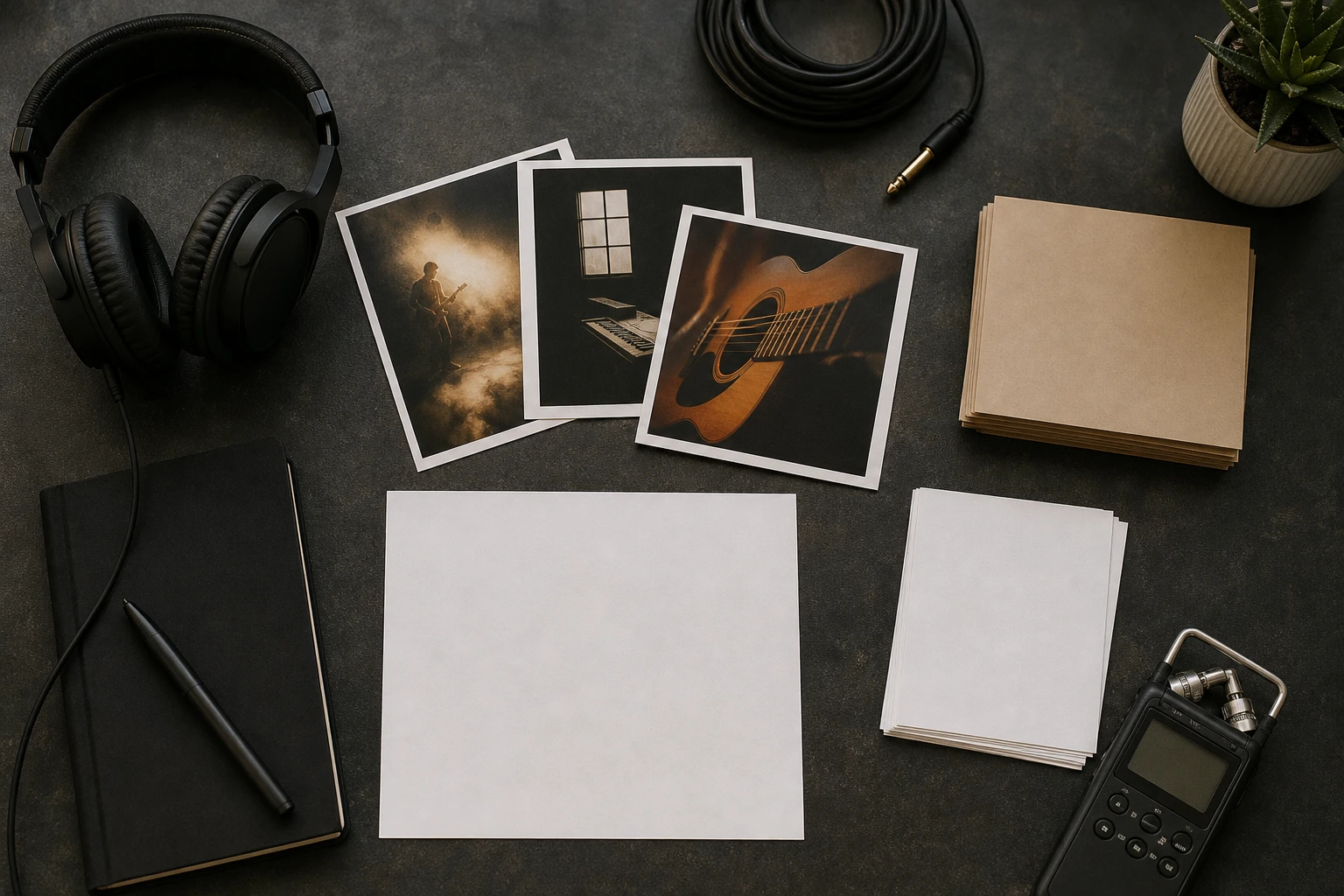 Artist materials and press photos arranged on a studio desk