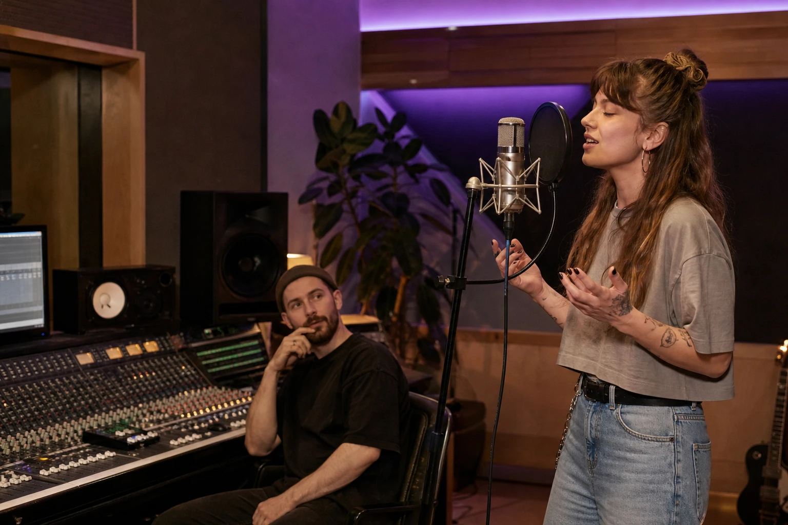 Vocalist recording with a collaborator in a studio