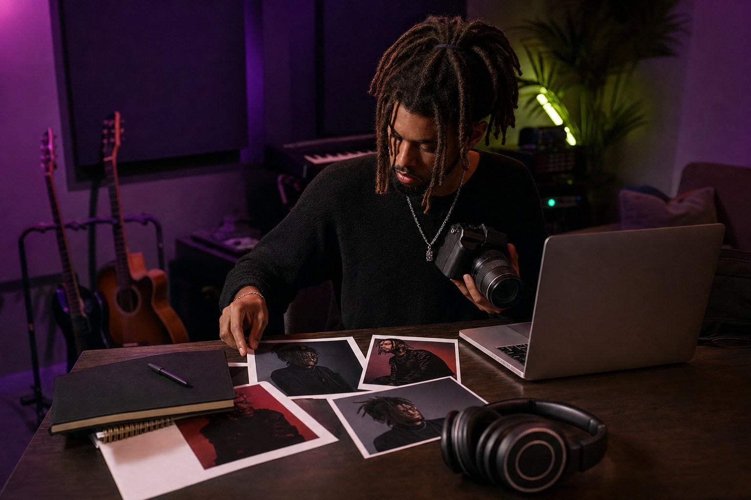 Independent artist organizing photos and creative materials in a music studio