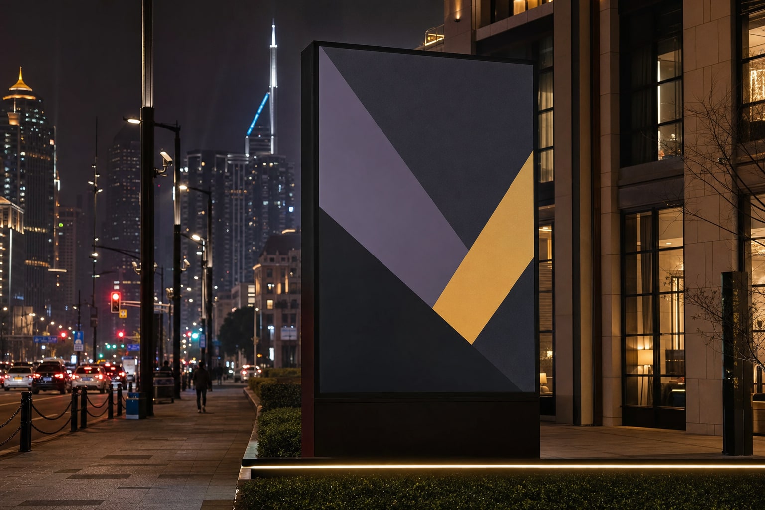 High-contrast digital billboard in a nighttime commercial district