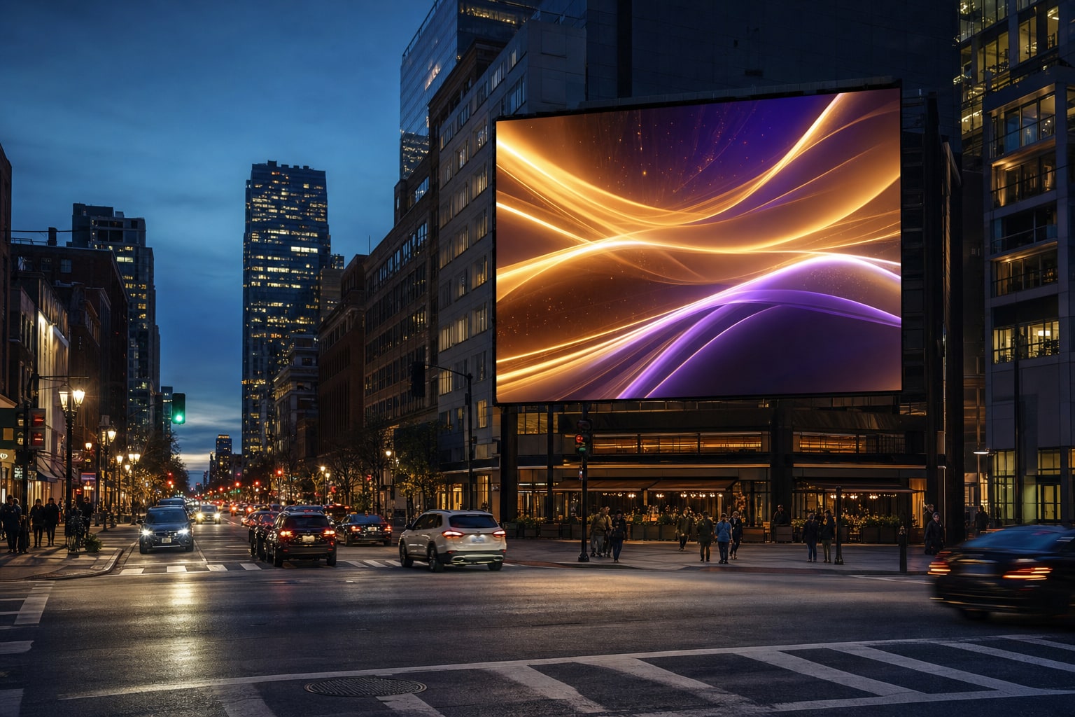 Large digital billboard above an active city intersection at dusk