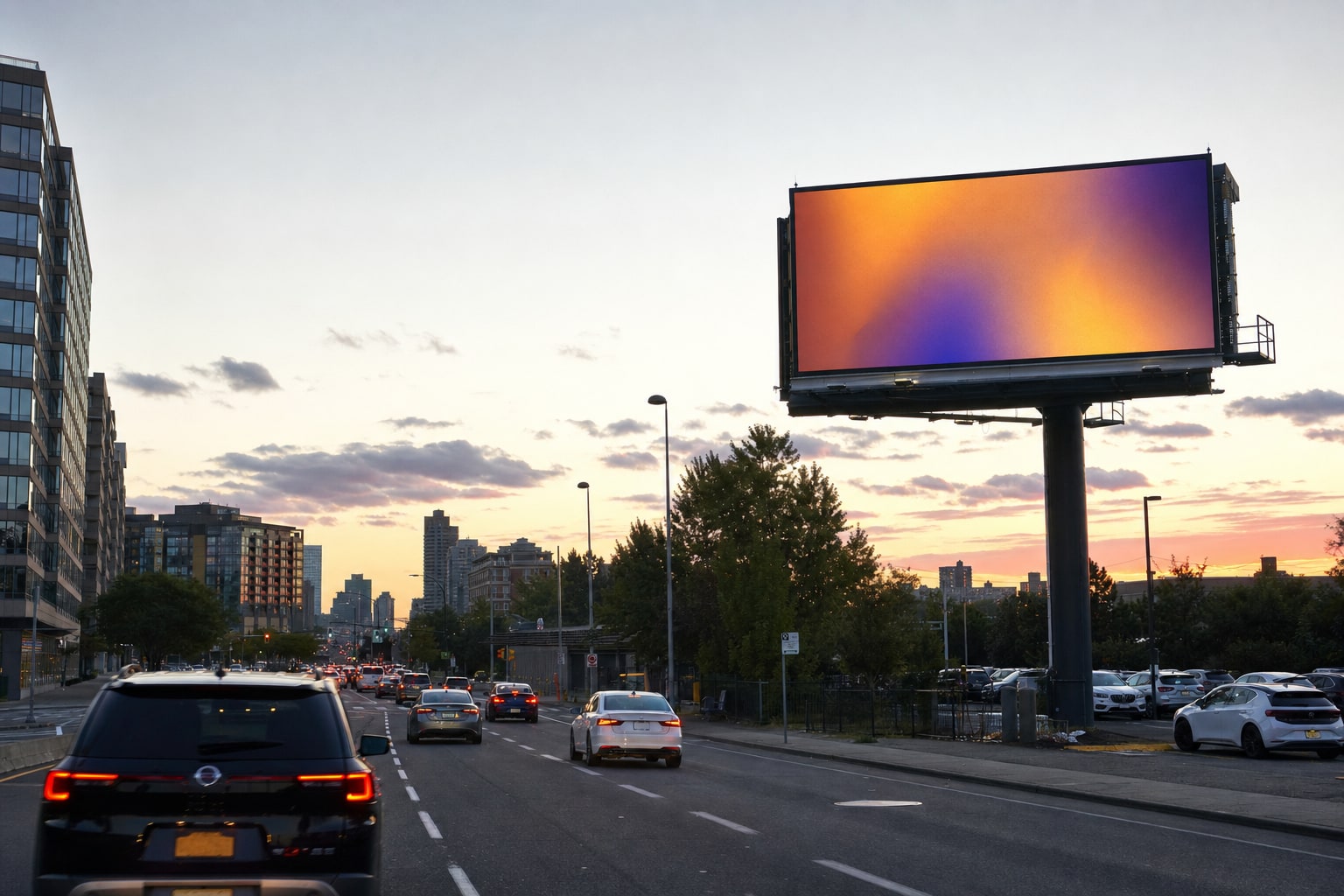 Digital billboard beside a multi-lane city roadway at sunset