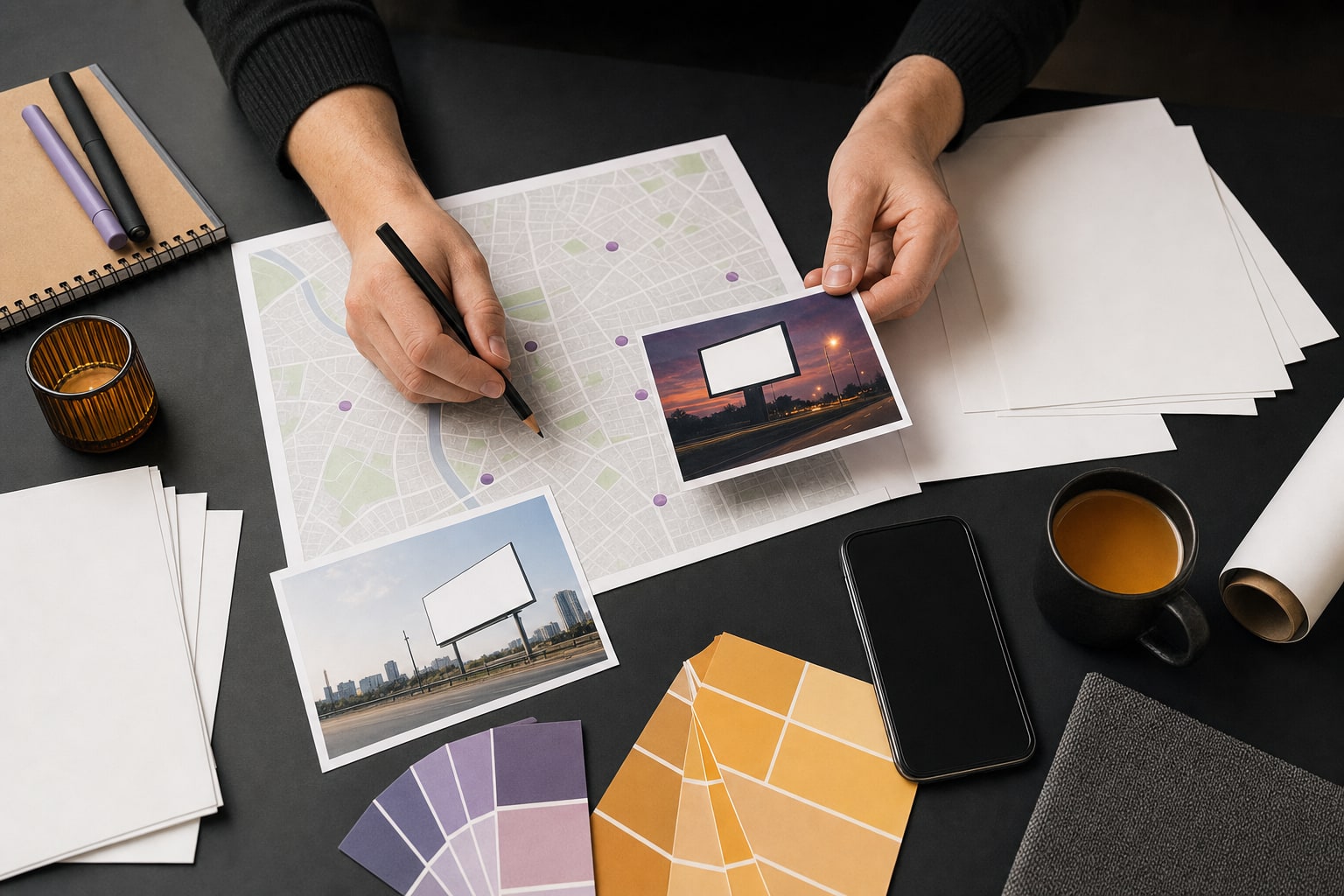 Campaign planner arranging a location map and billboard creative materials
