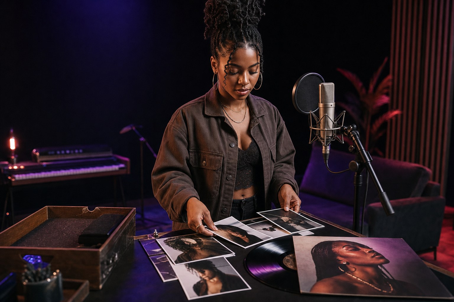 Independent recording artist selecting press photos beside a studio microphone