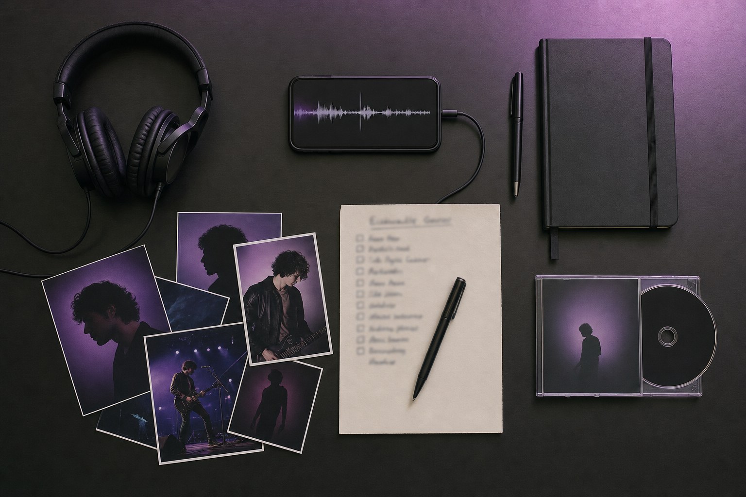 Headphones, music release materials, and a campaign checklist on a studio desk
