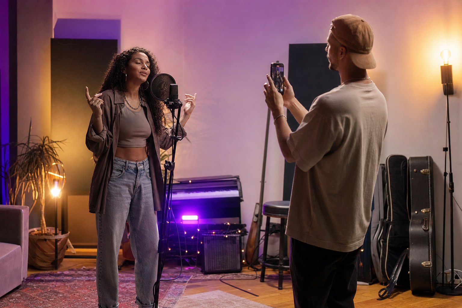 Independent artist recording a performance clip with a collaborator