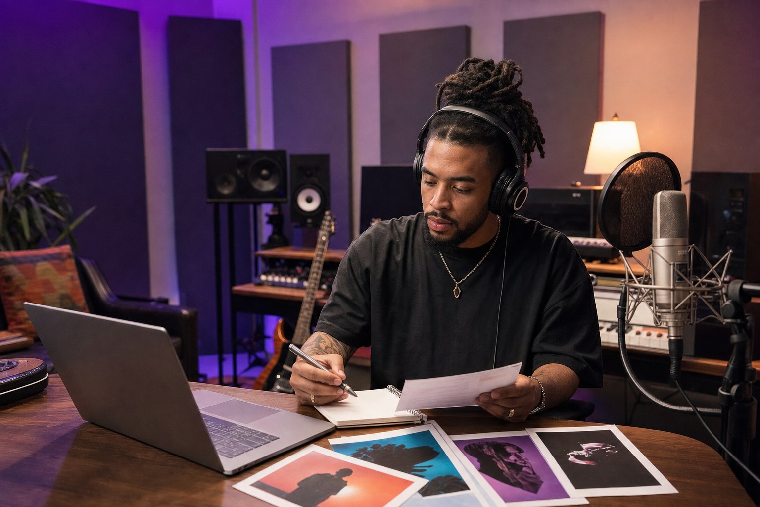 Independent artist planning a music promotion campaign in a recording studio