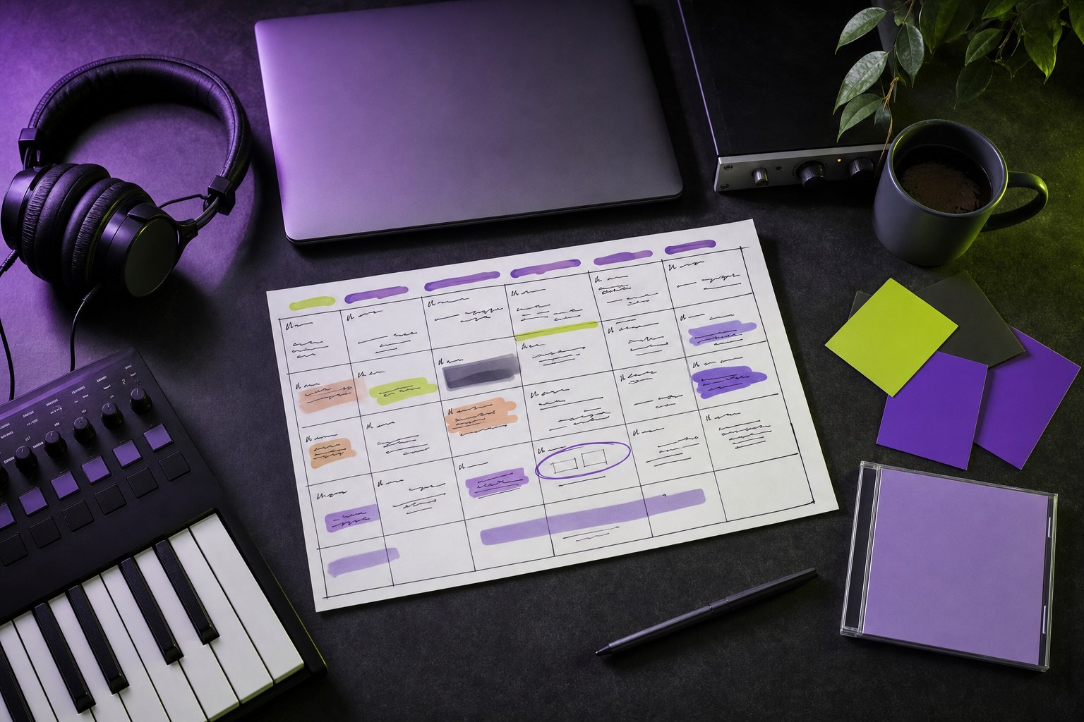 Campaign planning materials, headphones, and a blank release cover on a studio desk