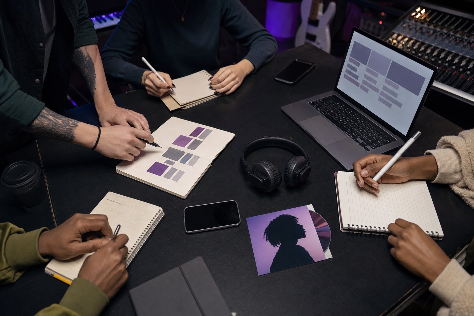 Creative team planning a marketing campaign around a studio worktable