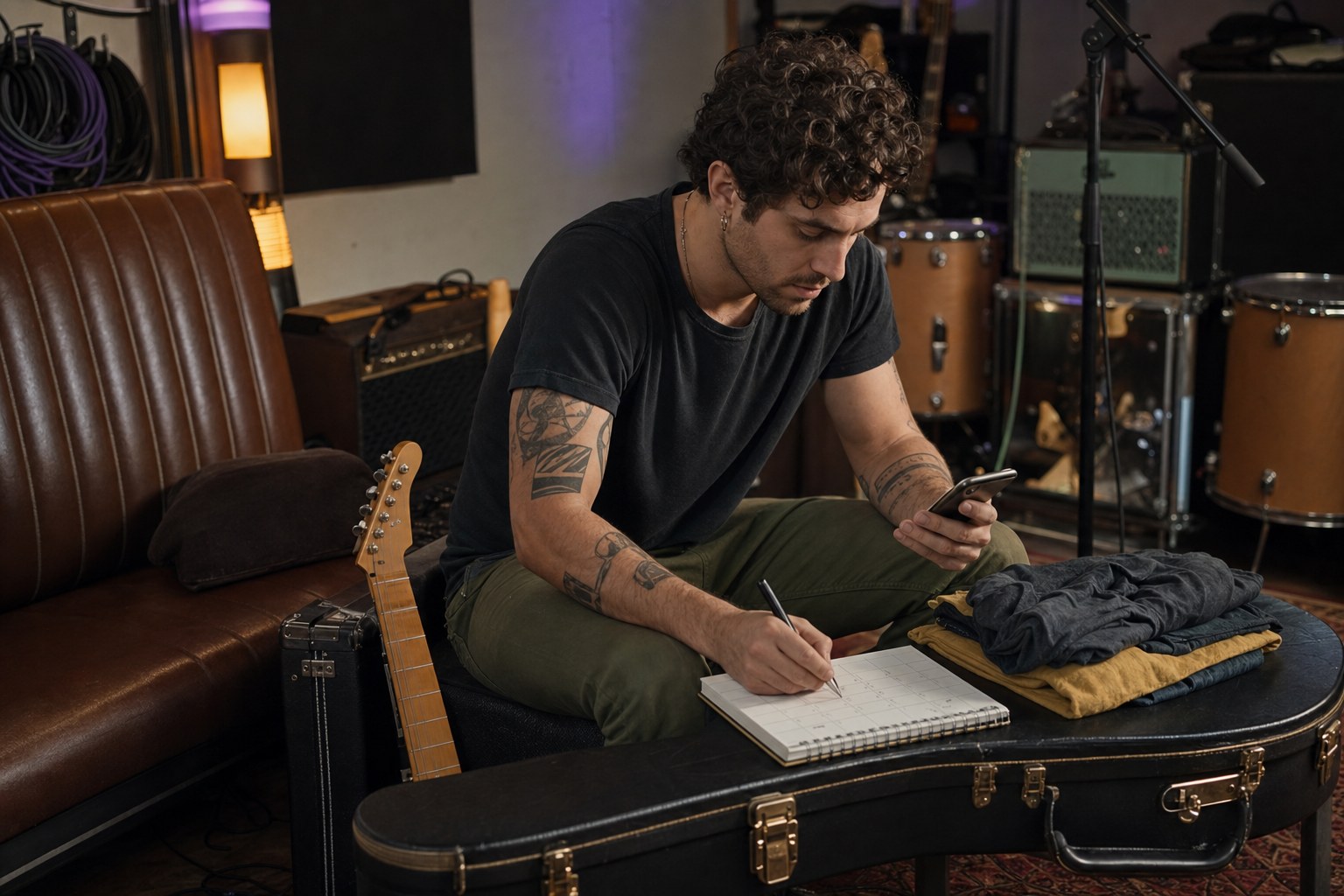 Independent artist planning a follow-up note in a rehearsal space