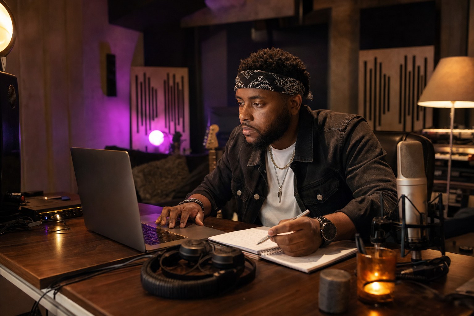 Independent artist preparing a music pitch at a recording-studio desk
