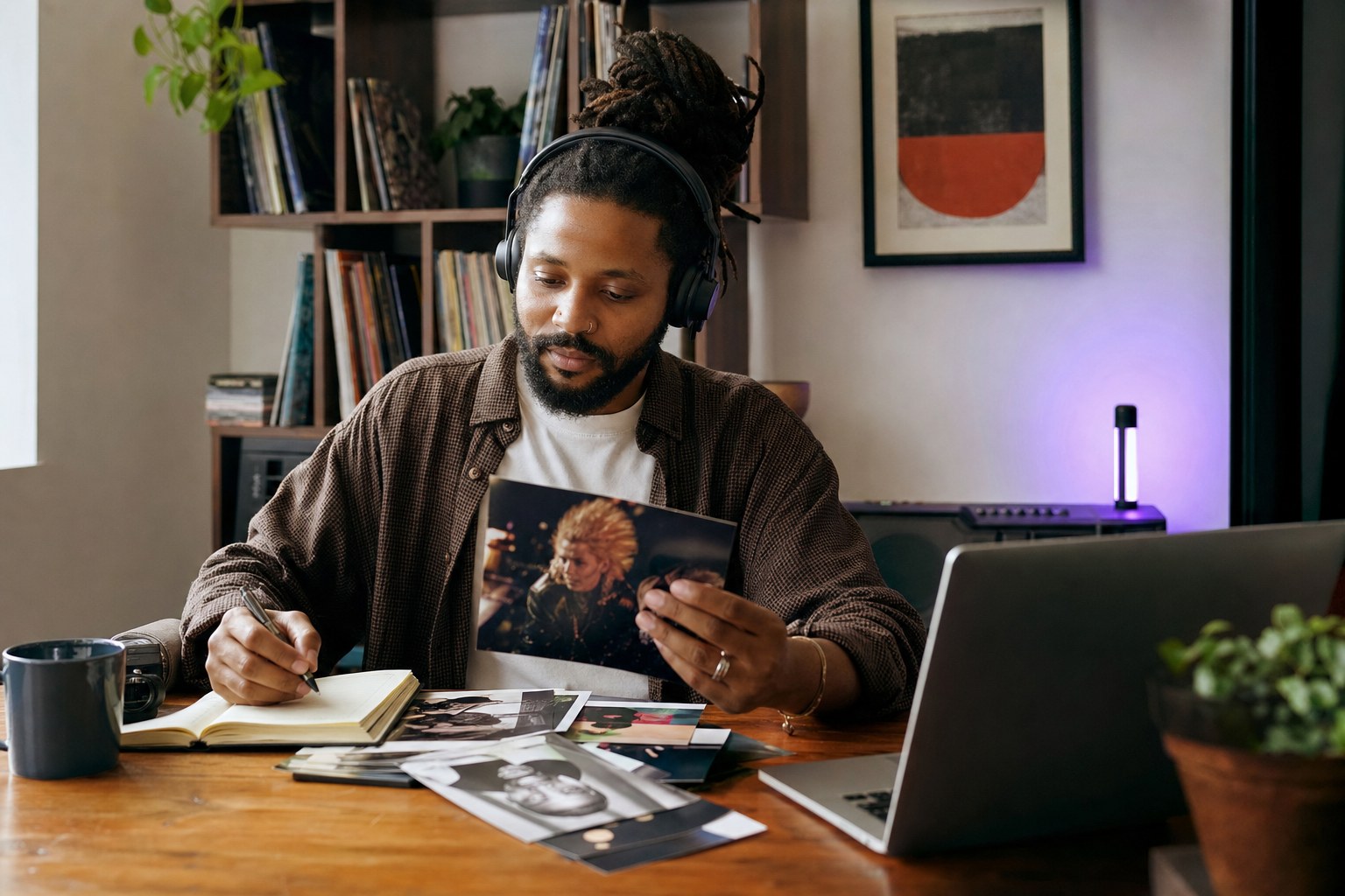 Music writer reviewing artist photos and taking notes at a desk