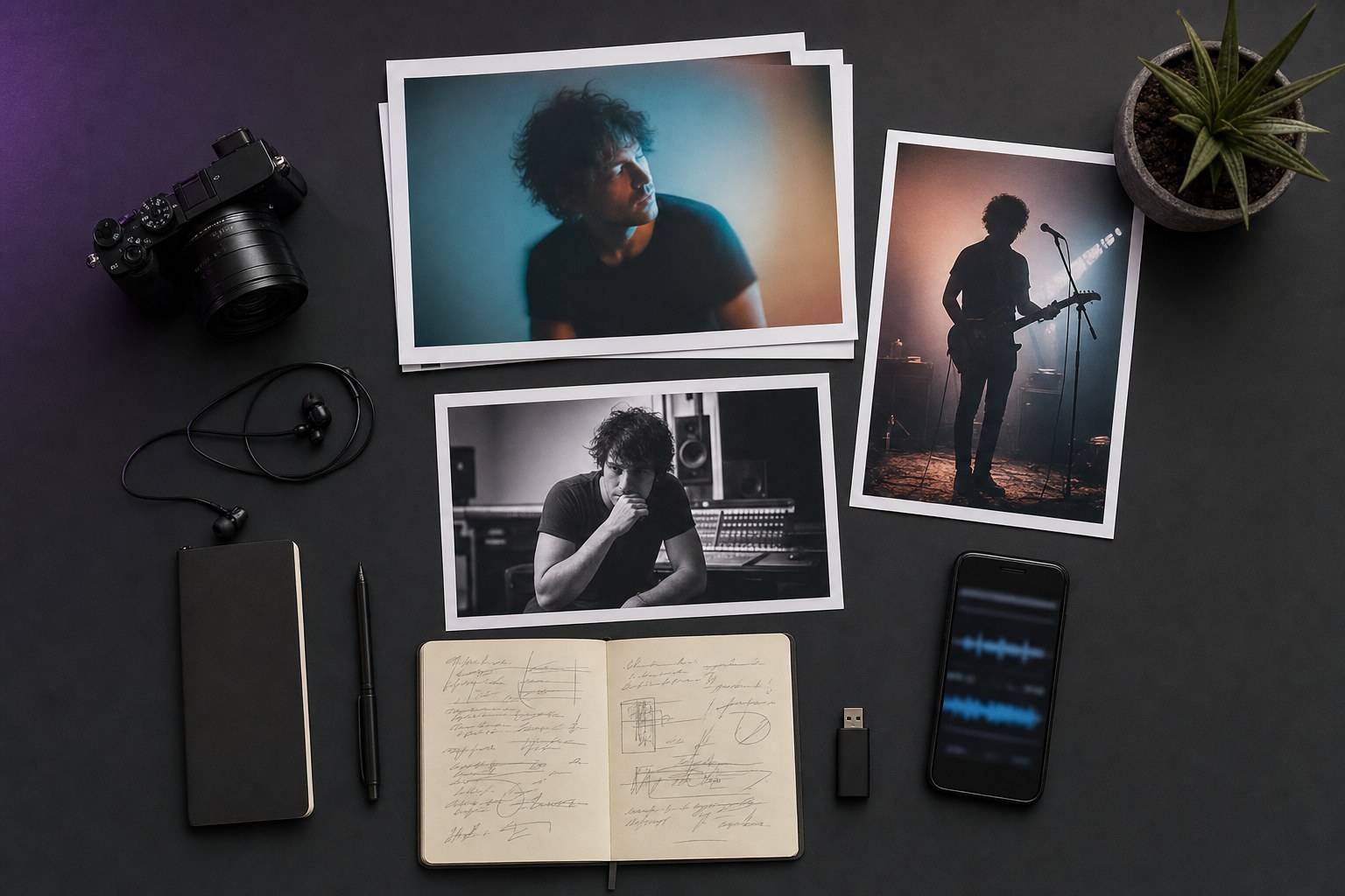 Artist photos, camera, headphones, and release materials organized on a studio table
