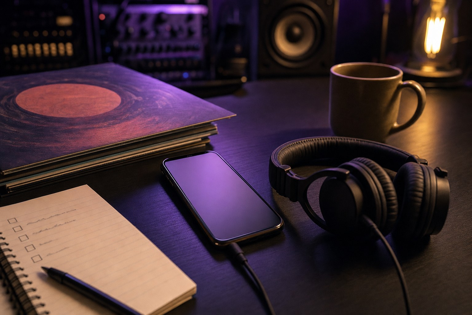 Headphones, a smartphone, release artwork, and a checklist arranged on a studio desk
