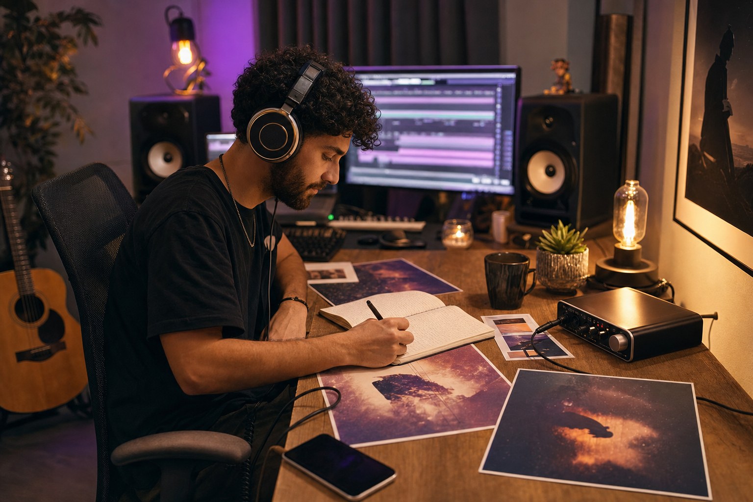 Independent artist planning a music release at a recording studio desk