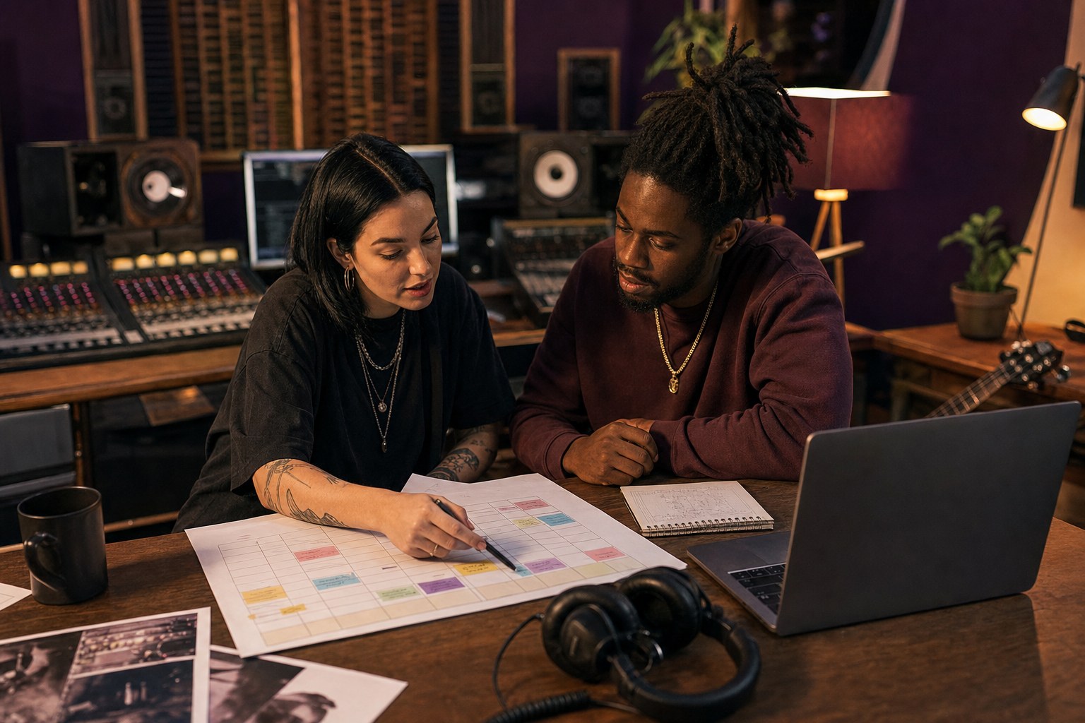 Two music collaborators reviewing a campaign plan at a recording studio table