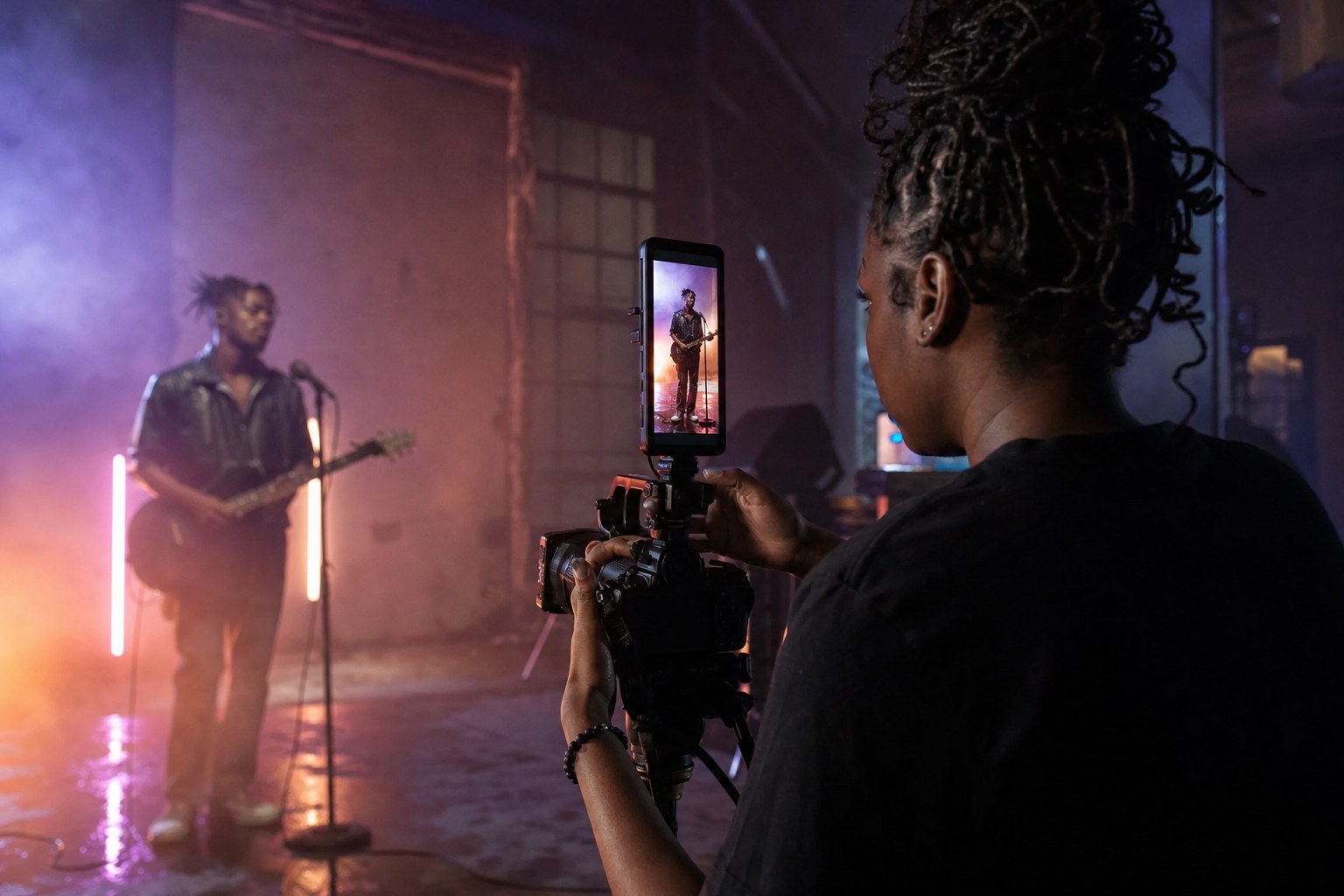 Videographer filming an independent musician performing under colored studio lights