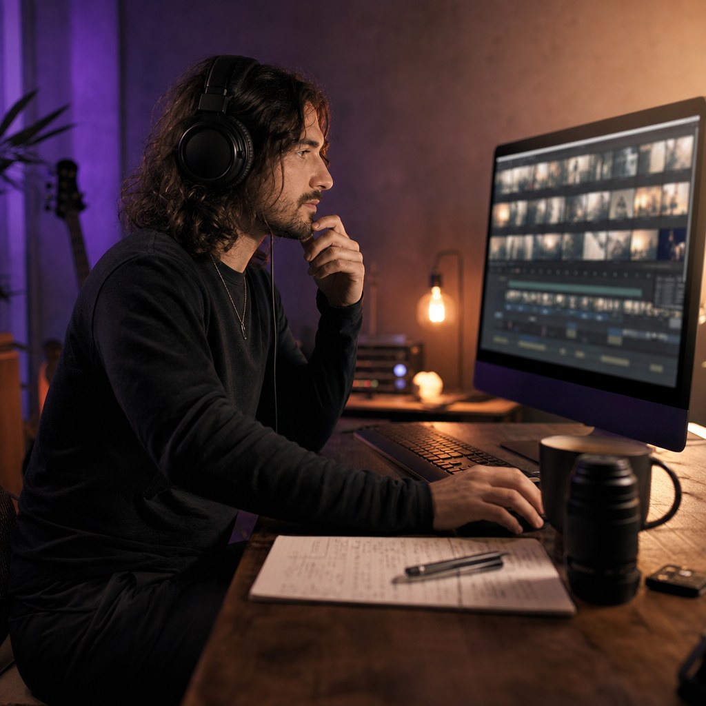 Artist selecting a video still and release assets at a studio desk