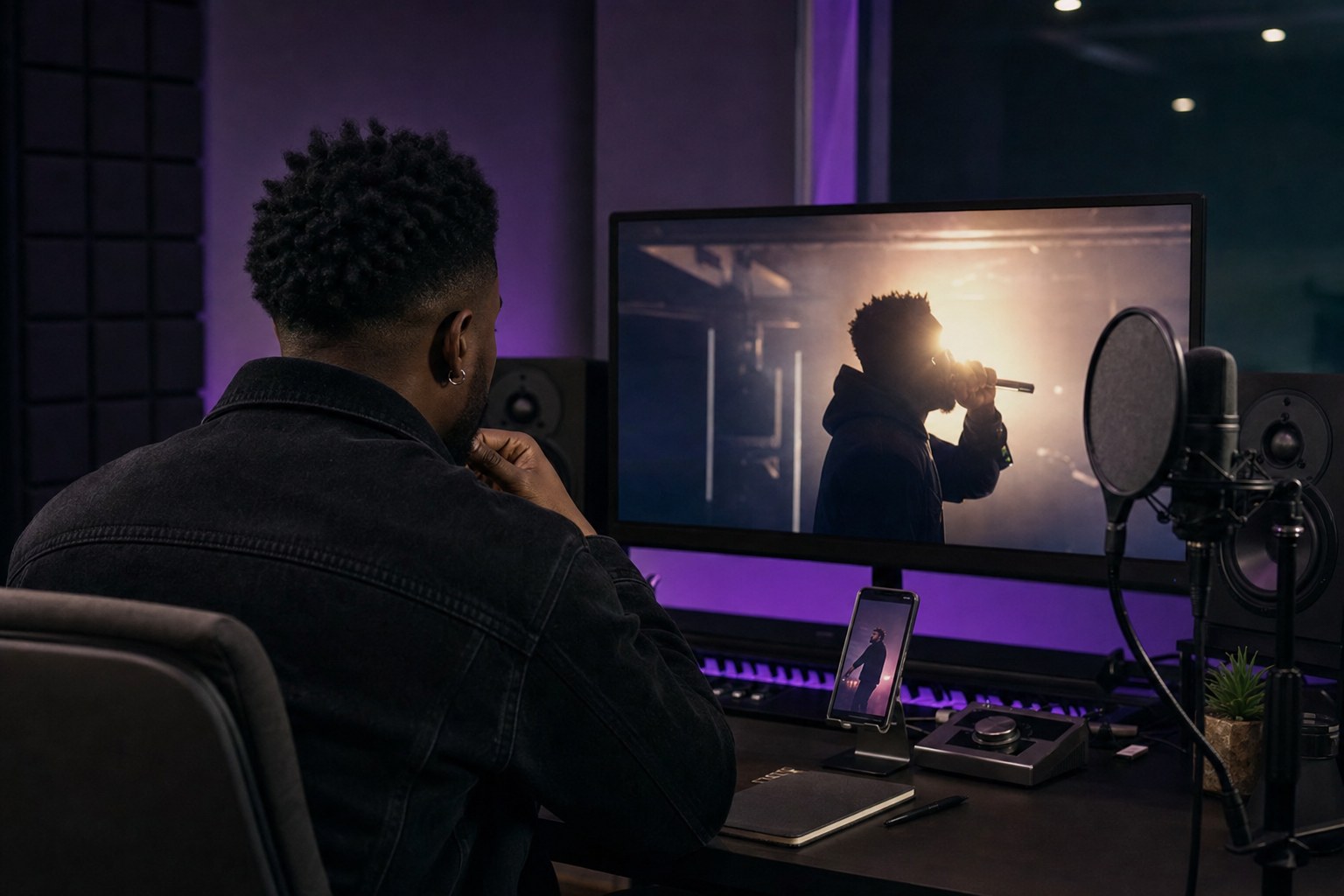 Independent artist reviewing a music video campaign in a recording studio