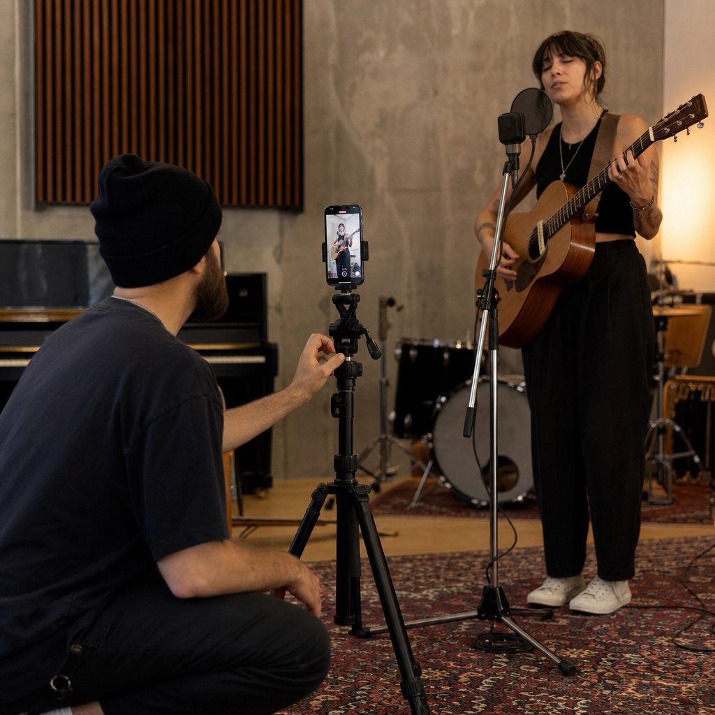 Independent artist and videographer recording a vertical performance clip