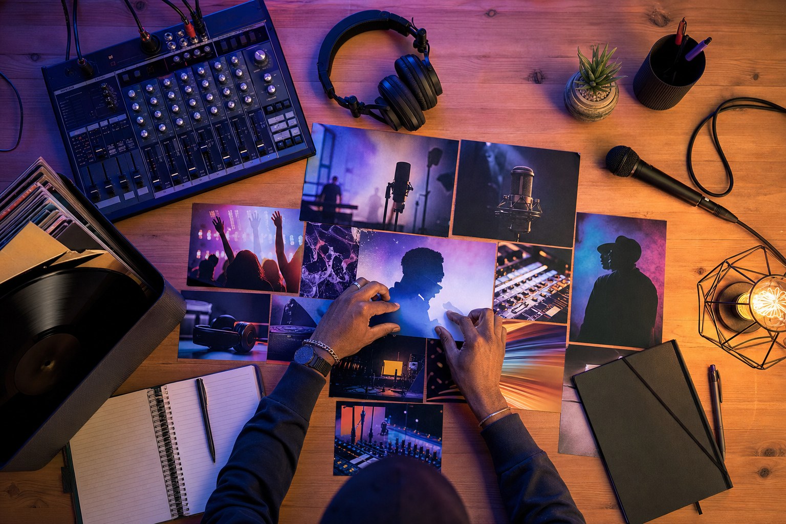 Music campaign planning materials arranged on a studio table