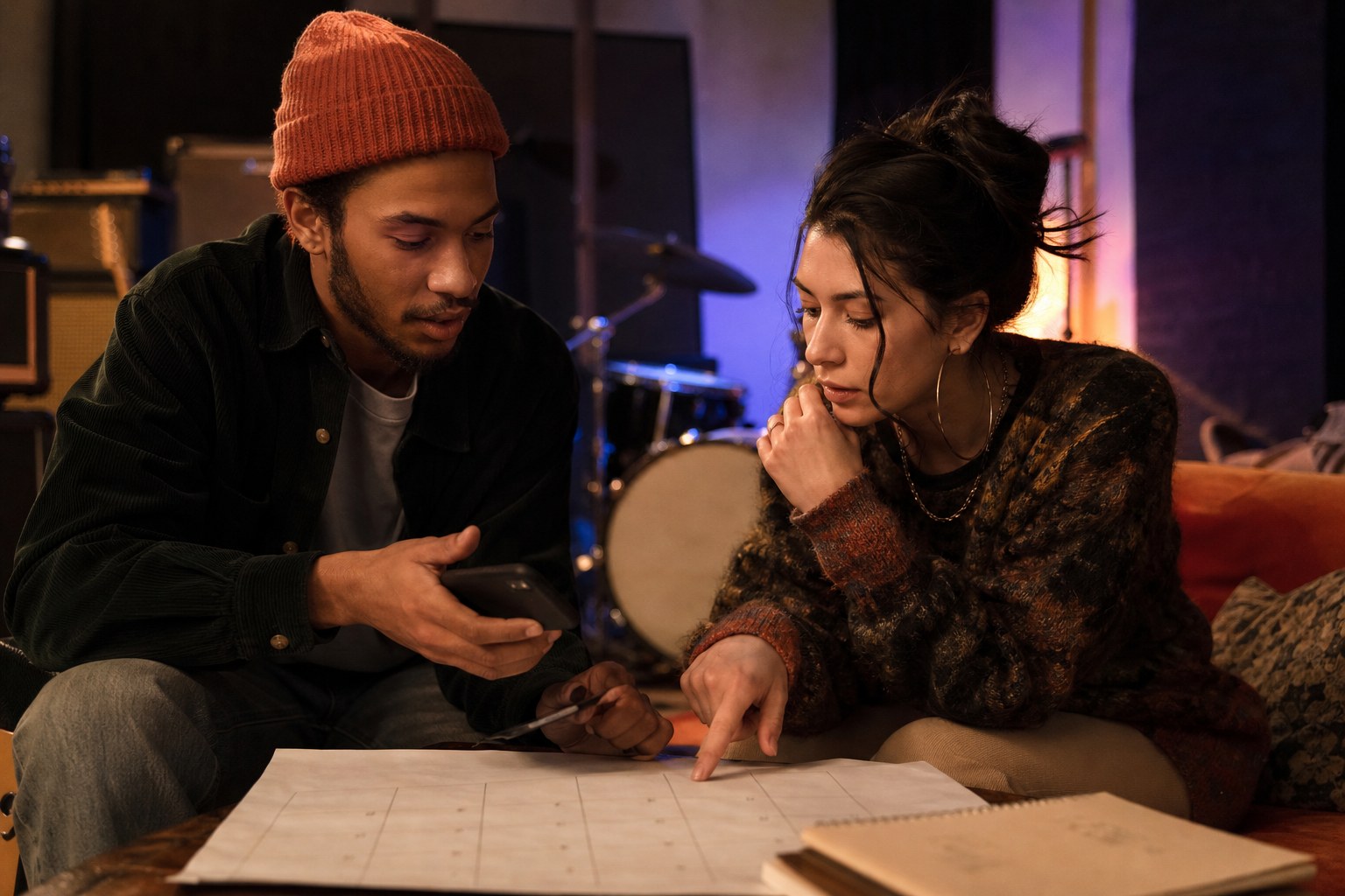 Two independent artists reviewing a release plan together in a rehearsal studio
