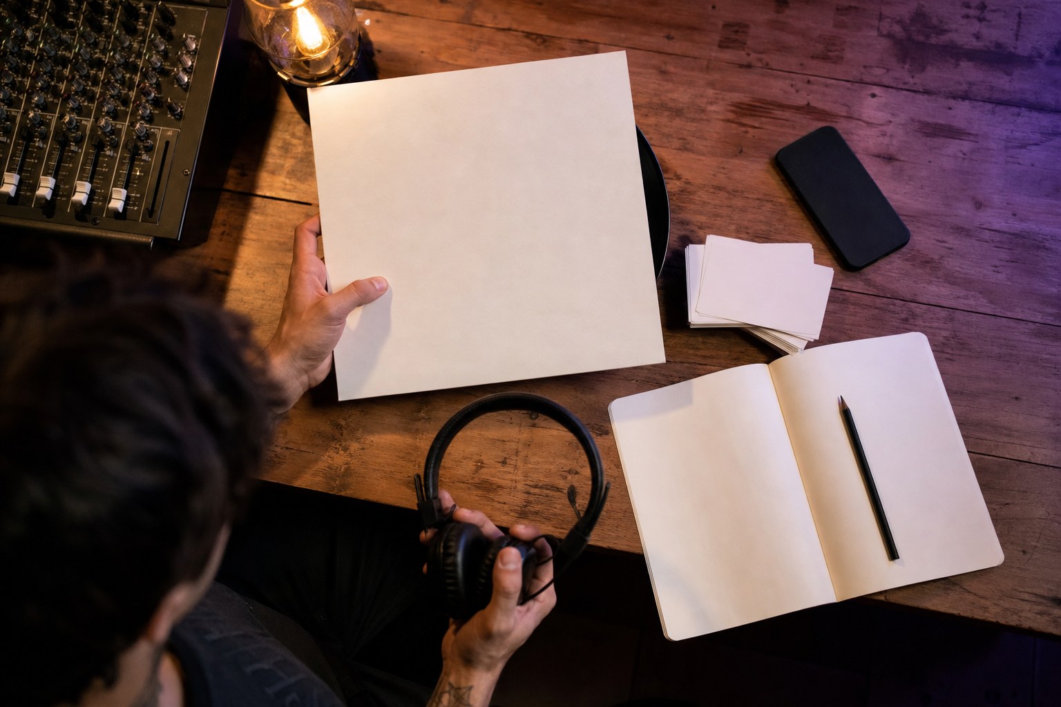Artist organizing a blank release sleeve, headphones, and planning materials at a studio desk