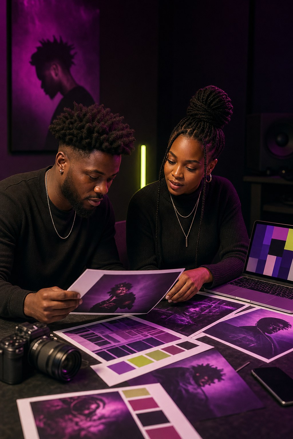 Creative professionals reviewing campaign visuals and marketing materials