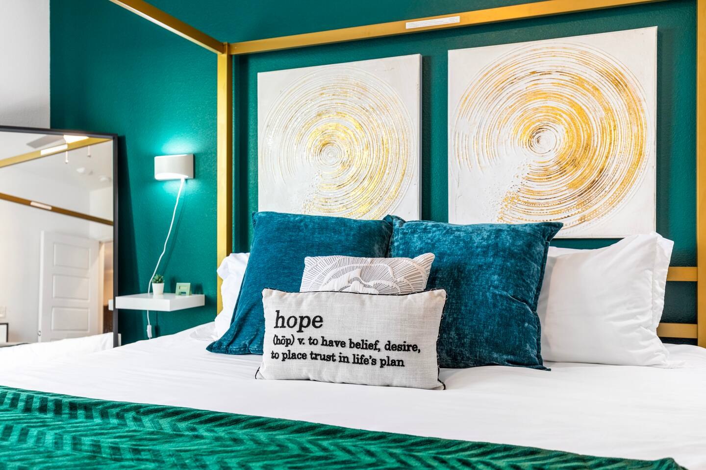 Bedroom with green accent wall