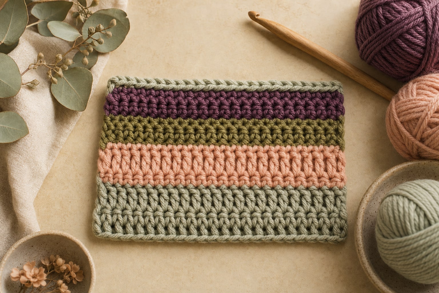A handmade crochet sampler showing rows of stitches in sage, plum, cream, and peach yarn