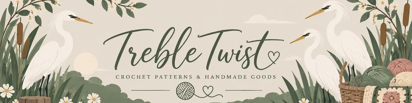 TrebleTwist crochet patterns and handmade goods, illustrated with herons, yarn, and marsh greenery