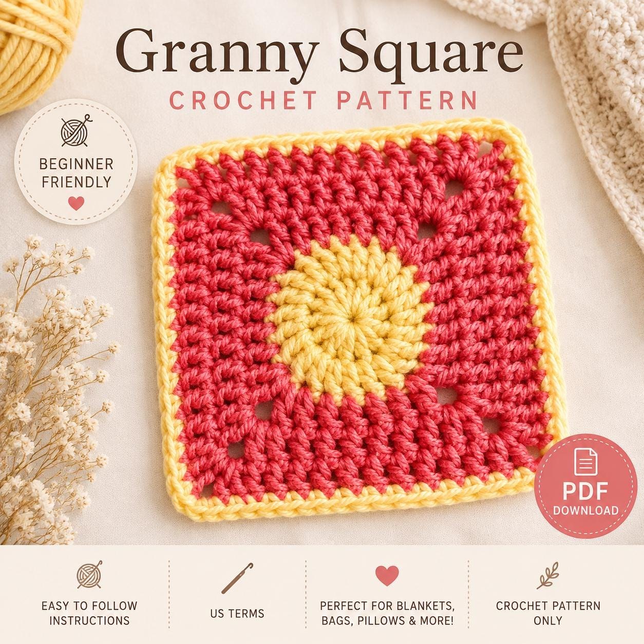 Polka Dot Granny Square Crochet Pattern | Easy Beginner Motif for Blankets, Bags & More | Instant PDF Download