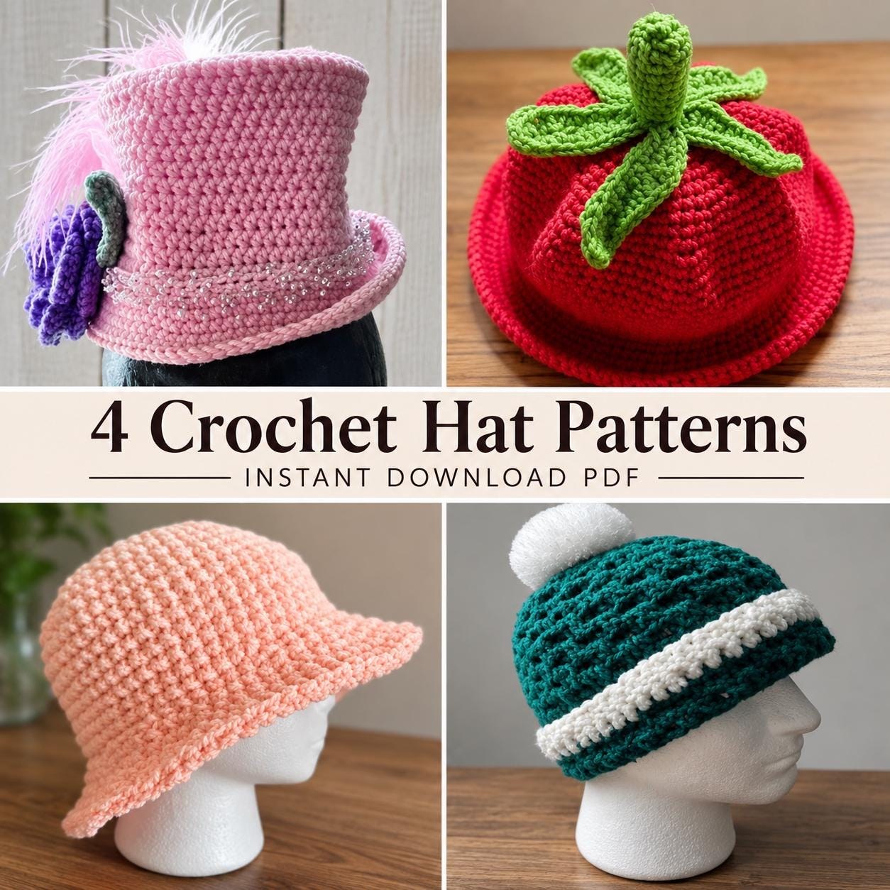 Crochet Hat Pattern Bundle | 4 Hat Patterns | Beanie, Bucket Hat, Tomato & Victorian Hat | Instant PDF Download