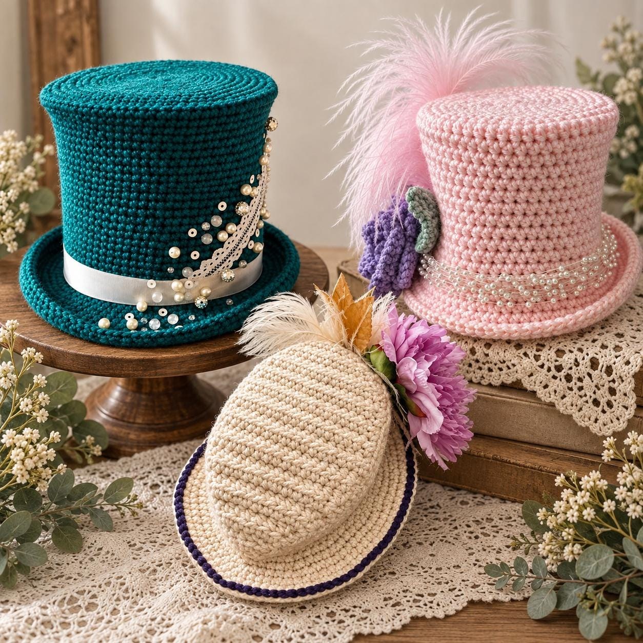 Victorian crochet hat pattern bundle with three handmade hats by TrebleTwist