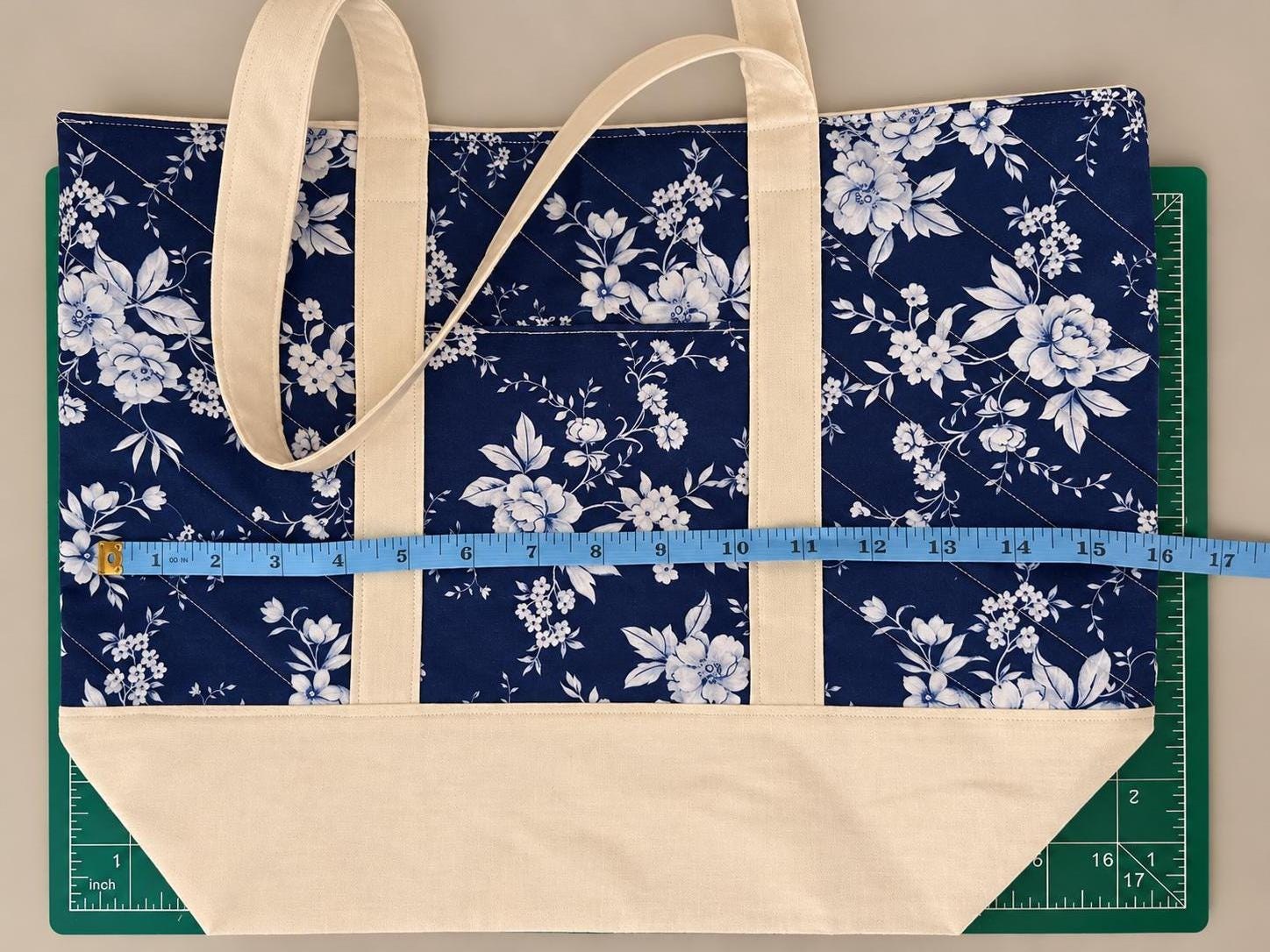 Quilted Navy Floral Crochet Tote Bag, view 11