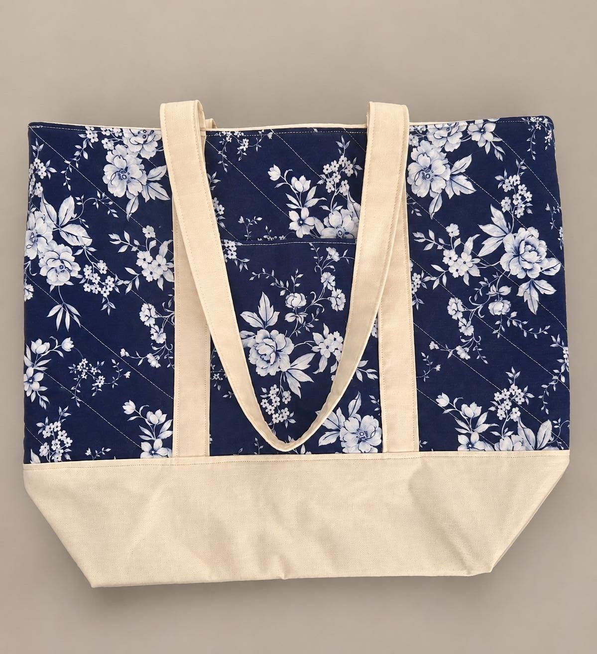 Quilted Navy Floral Crochet Tote Bag, view 12