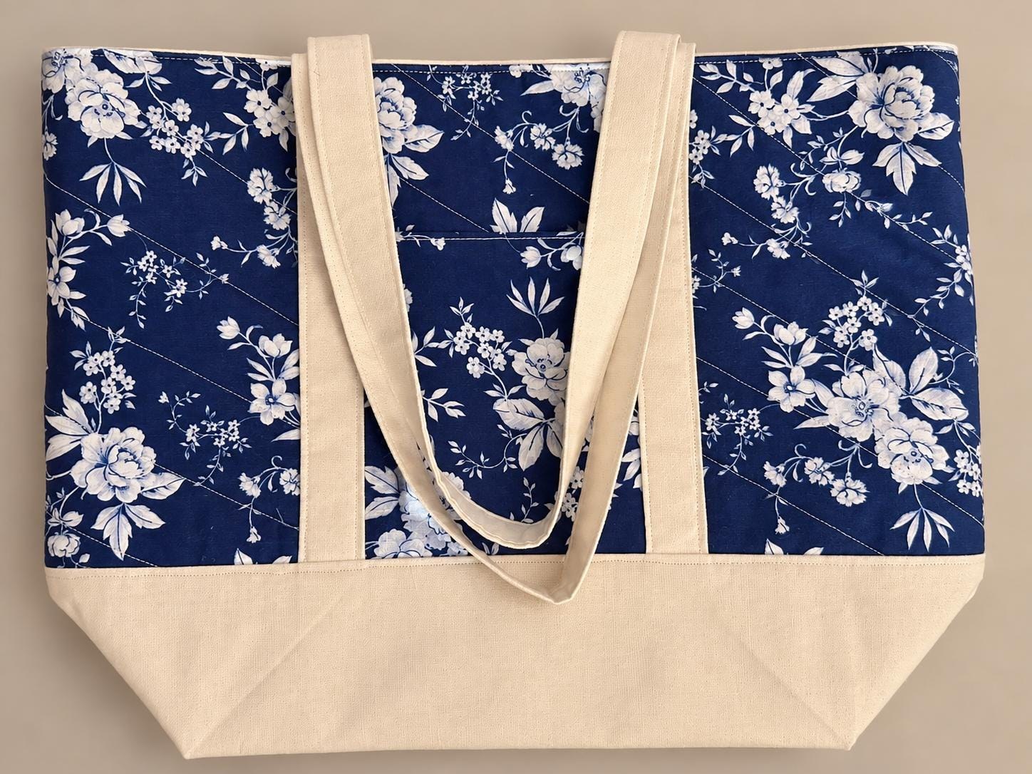 Quilted Navy Floral Crochet Tote Bag, view 13