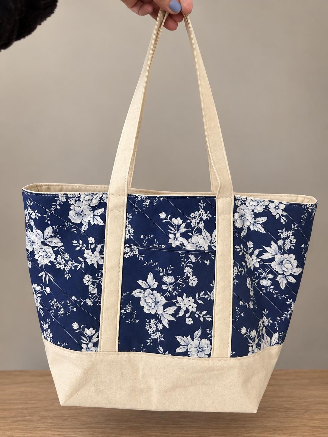 Quilted Navy Floral Crochet Tote Bag, view 2