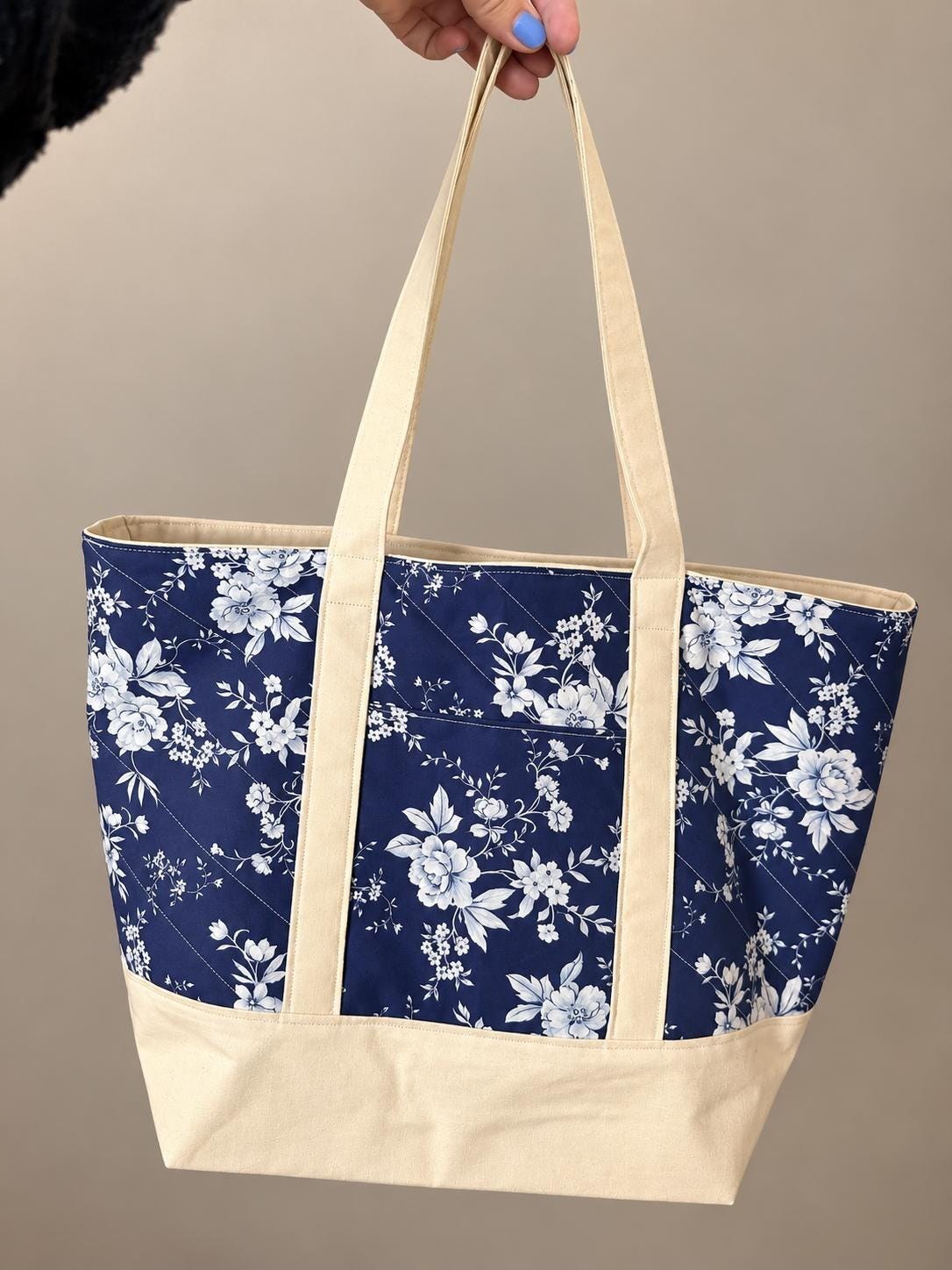 Quilted Navy Floral Crochet Tote Bag, view 3