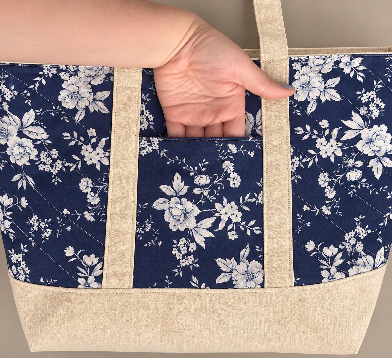 Quilted Navy Floral Crochet Tote Bag, view 4