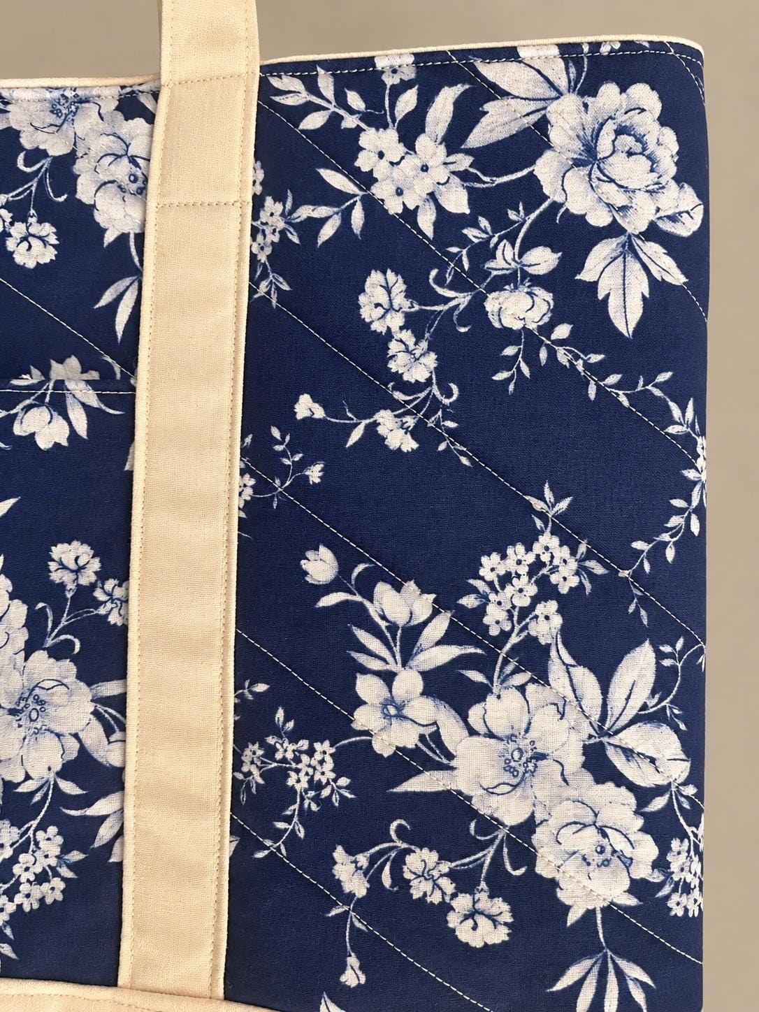 Quilted Navy Floral Crochet Tote Bag, view 5