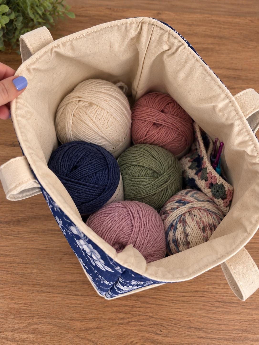 Quilted Navy Floral Crochet Tote Bag, view 7