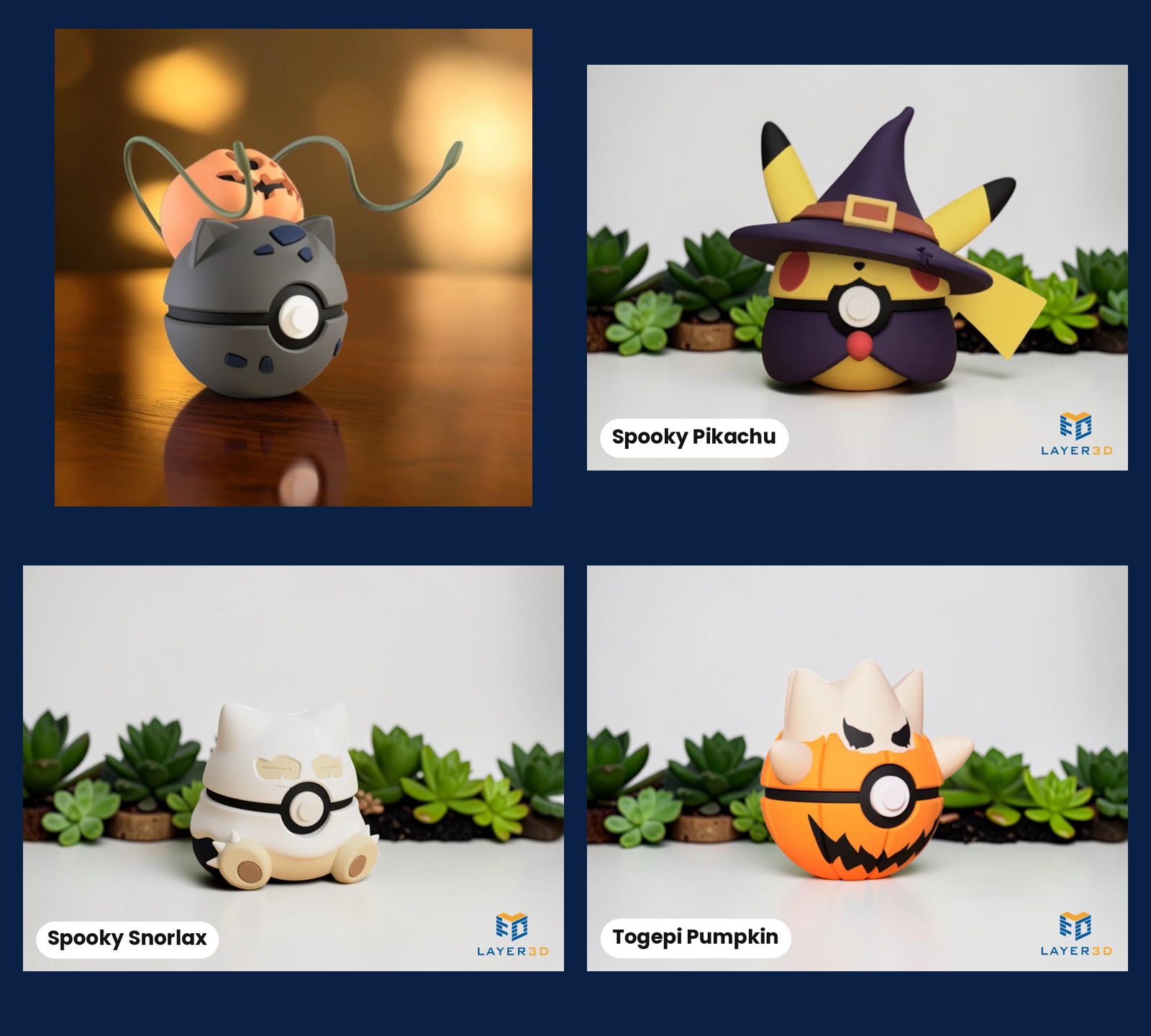 Halloween character ball collage featuring Spooky Bulbasaur, Spooky Pikachu, Spooky Snorlax, and Togepi Pumpkin