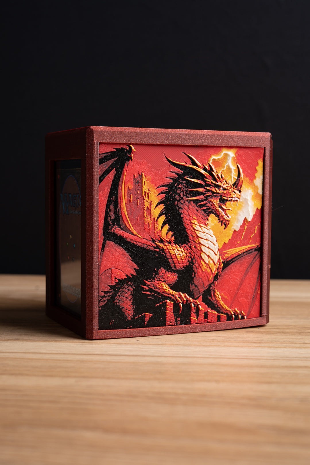 Dragon-themed Commander deck box with layered filament artwork