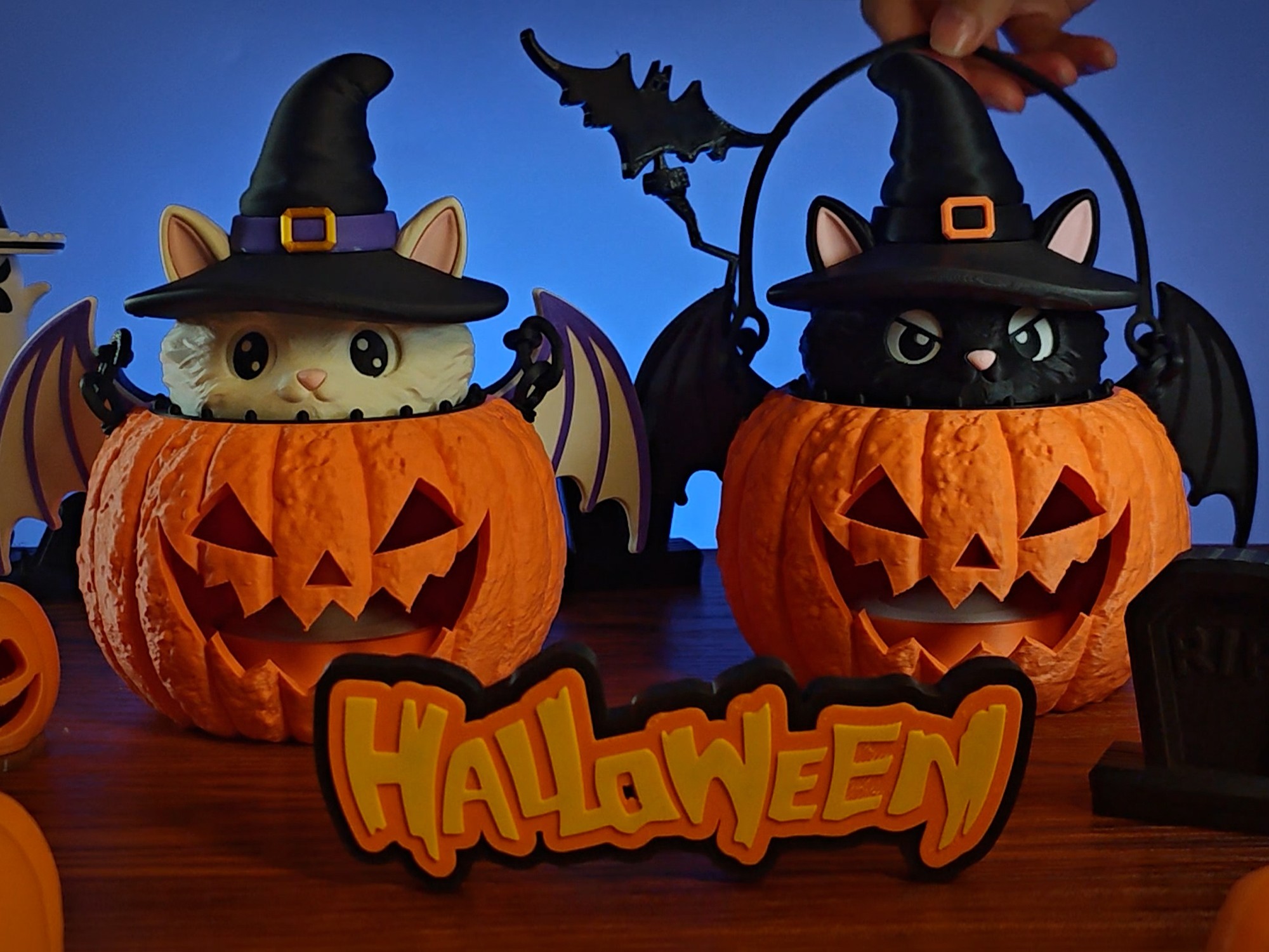 Black and white versions of the Layer3D Witchy Bat Cat Pumpkin Light
