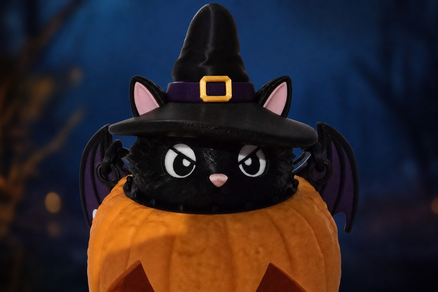 Layer3D Witchy Bat Cat Pumpkin Light with angled eyes and purple wings