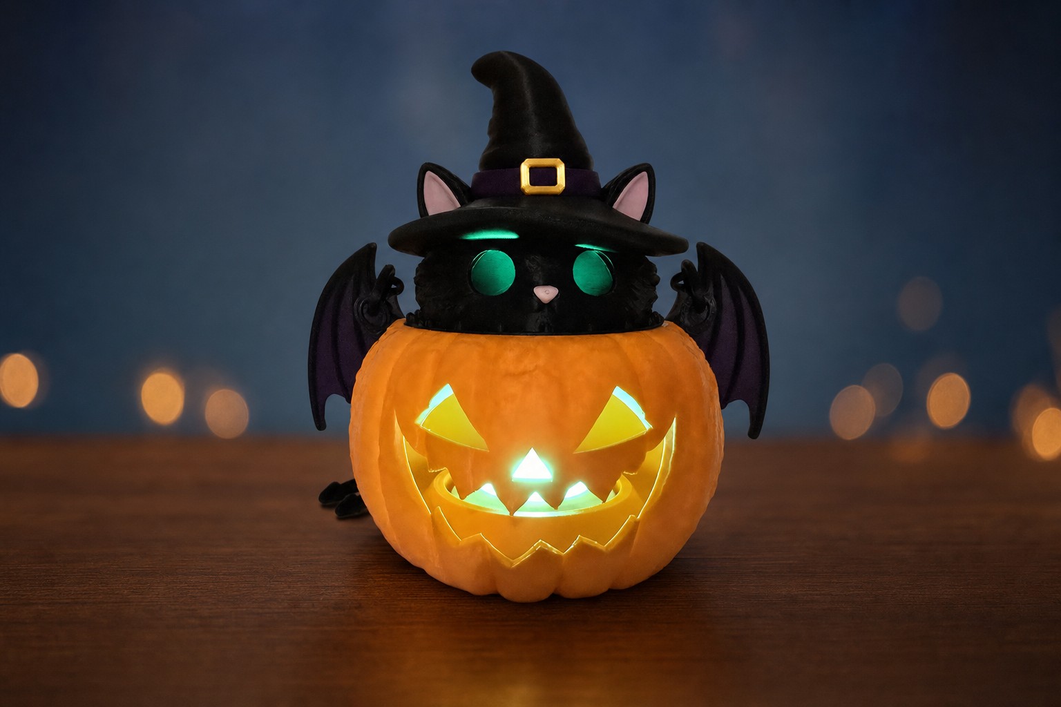 Layer3D Witchy Bat Cat Pumpkin Light glowing with a lit jack-o-lantern base