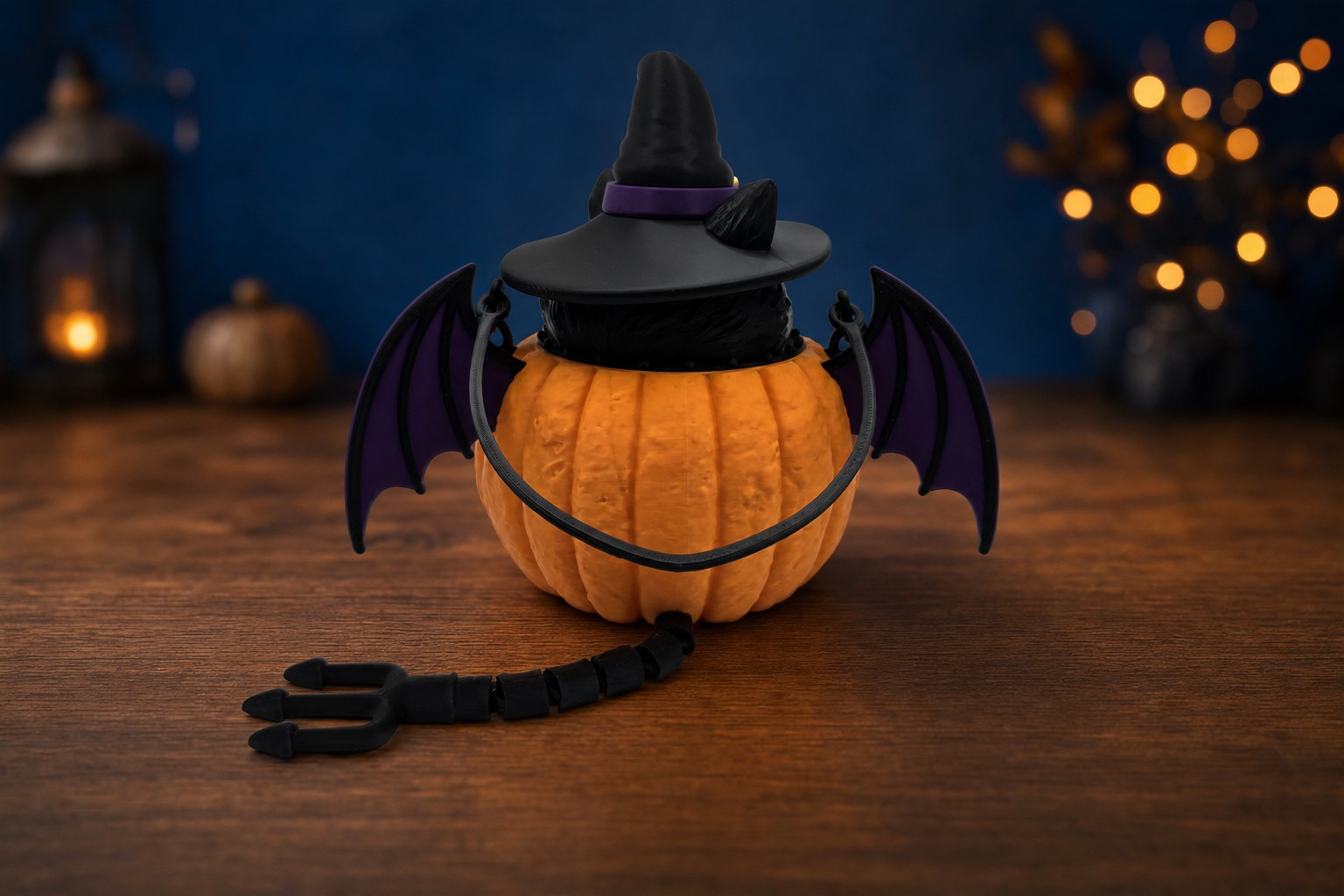 Rear view of Layer3D Witchy Bat Cat Pumpkin Light with bat wings