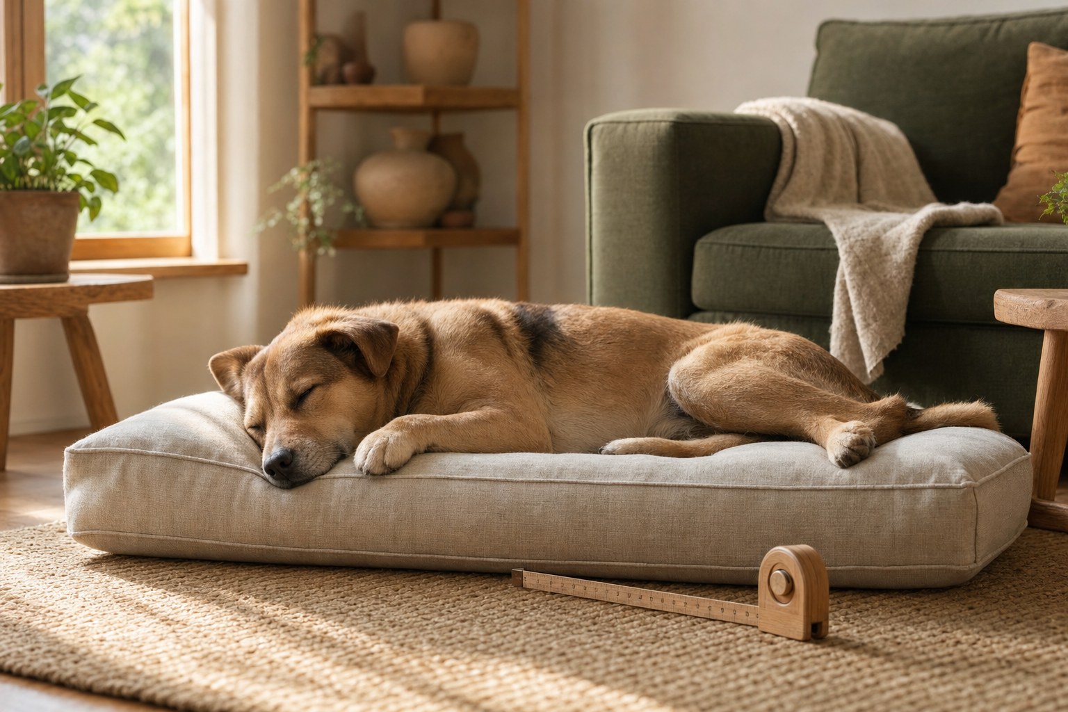 Dog sleeping stretched out on a low dog bed in a warm living room